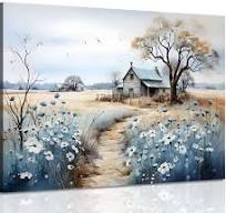 Photo 1 of Framed Rustic Farmhouse Canvas Wall Art Beautiful Field Painting Wildflower Barn Print Nature Scenery Picture French Countryside Poster for Bathroom Bedroom Living Room Office Wall Decor 24x36in