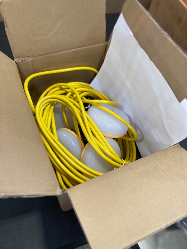 Photo 1 of JC-LGL LED Construction String Light 50FT, 65W 8000Lm Industrial LED String Work Lights with 5 Bulbs, 5000K Linkable Work Lights Temporary Lighting for Construction Site, Job Site, Attic, Crawl Space