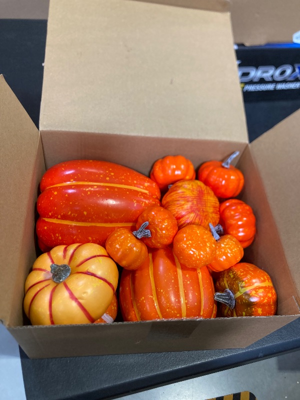 Photo 1 of Ywlake 16 Pcs Pumpkin Fall Decorations, Decorative Large Small Outdoor Orange Foam Plastic Fake Faux Artificial Pumpkins for Halloween Autumn Harvest Festival Home Table Decor
