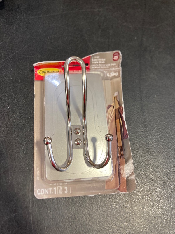 Photo 1 of Command X-Large Satin Nickel Triple Hook, 1 Hook, 3 Strips, Damage-Free Hanging Wall Hooks with Adhesive Strips, No Tools Wall Hooks for Hanging Decorations in Living Spaces