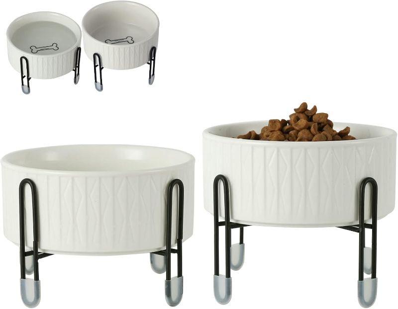 Photo 1 of OMAYKEY 32 oz Ceramic Dog Cat Bowls with Elevated Metal Stand, 6.5 Inch Ceramic Round Pet Food and Water Feeder Bowl Dish for Cats & Dogs, White, Set of 2
