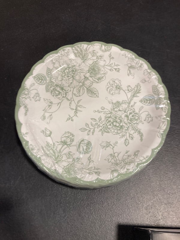 Photo 1 of Elyxio Floral Party Plates Floral Leaf Scalloped Disposable Paper Plates Sage Green and White Toile 9" Dinner Plates for Christmas Bridal Baby Shower Tea Party Supplies Table Decor (48, Sage Green)