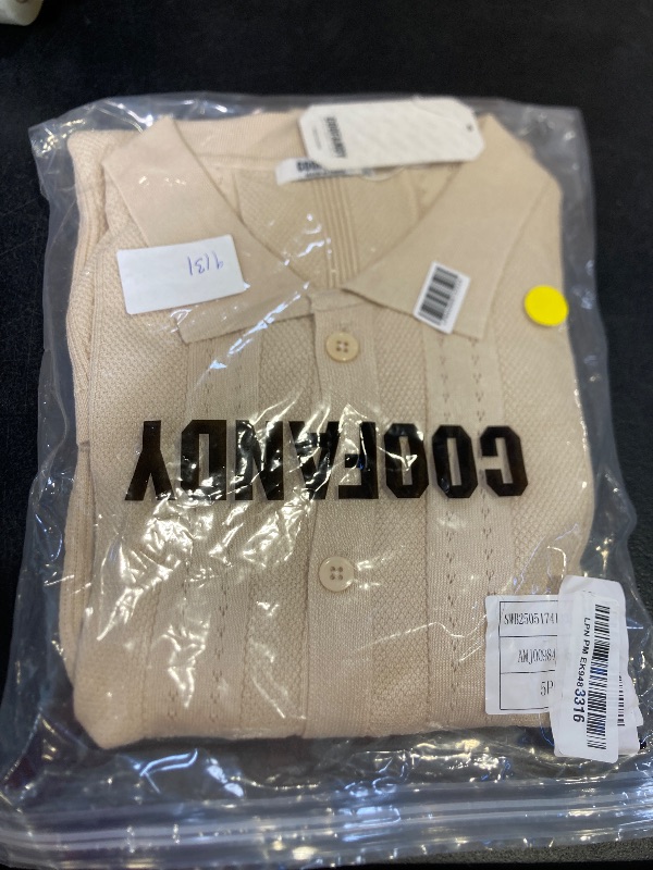 Photo 1 of COOFANDY Mens Knit Button Down Shirt Casual Short Sleeve Button Up Shirts Polo Golf Beachwear Textured Shirts Spring Summer Cuban Clothes Khaki Cream Beige 2xLarge