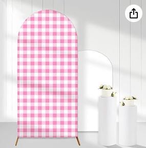 Photo 1 of Pink White Gingham Arch Backdrop Covers, 6 Ft Pink Stretchy Arch Backdrop Stand Covers, Photography Background Plaid Arch Stand Covers for Wedding Birthday Baby Shower Party Decor
