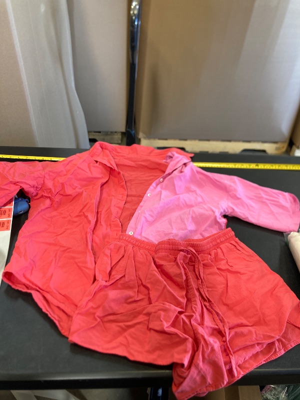 Photo 1 of 2 PCS- WOMENS PINK AND RED BUTTON UP TOP WITH RED SHORTS SIZE LARGE