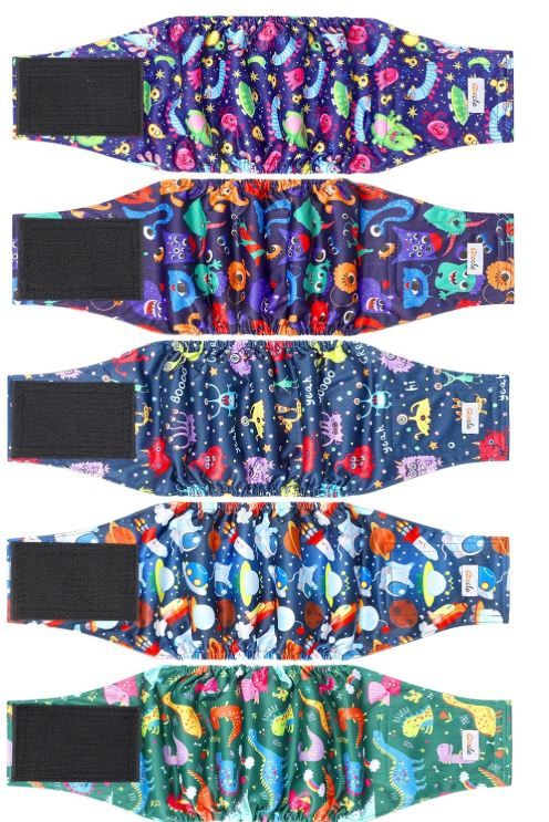 Photo 1 of XS-5 Pack Dog Diapers Male Reusable, Premium Belly Bands for Dogs, High Absorbing Male Dog Pee Wraps for Doggie in Incontinence or Excitable Urination and Training Cartoon XS
