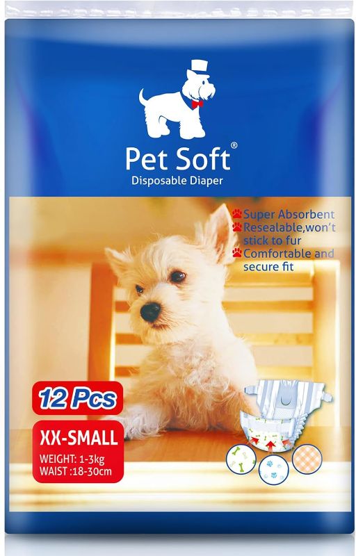 Photo 1 of Pet Soft Doggie Diapers - Disposable Dog Diapers for Female in Heat Period or Urine Incontinence, Puppy & Cat Diapers Ultra Absorbent 12pcs XXSmall

