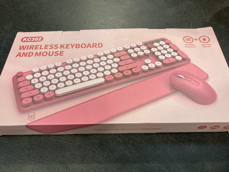 Photo 1 of Wireless Keyboard and Mouse Combo - Round Keycaps, Full-Size Retro Typewriter Keyboard with Detachable Wrist Rest, Sleep Mode & Tilt Legs, 2.4GHz Cordless Connection for Mac/Windows/PC (Hot Pink)