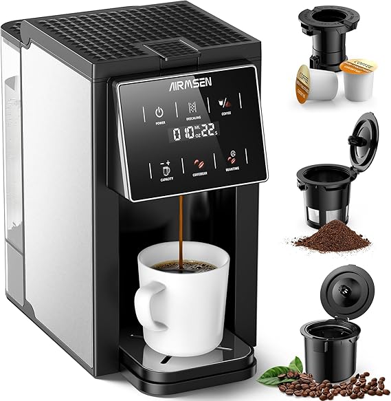Photo 1 of AIRMSEN Grind & Brew Coffee Maker with Grinder - Single Serve Machine Compatible with K-Cup Pods & Ground, 1000W Fast 6-14oz Brewer, Descaling Alert, Touchscreen & 50oz Removable Tank (Large) 