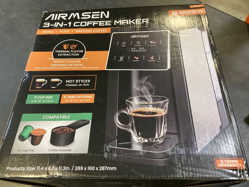 Photo 1 of AIRMSEN Grind & Brew Coffee Maker with Grinder - Single Serve Machine Compatible with K-Cup Pods & Ground, 1000W Fast 6-14oz Brewer, Descaling Alert, Touchscreen & 50oz Removable Tank (Large) 