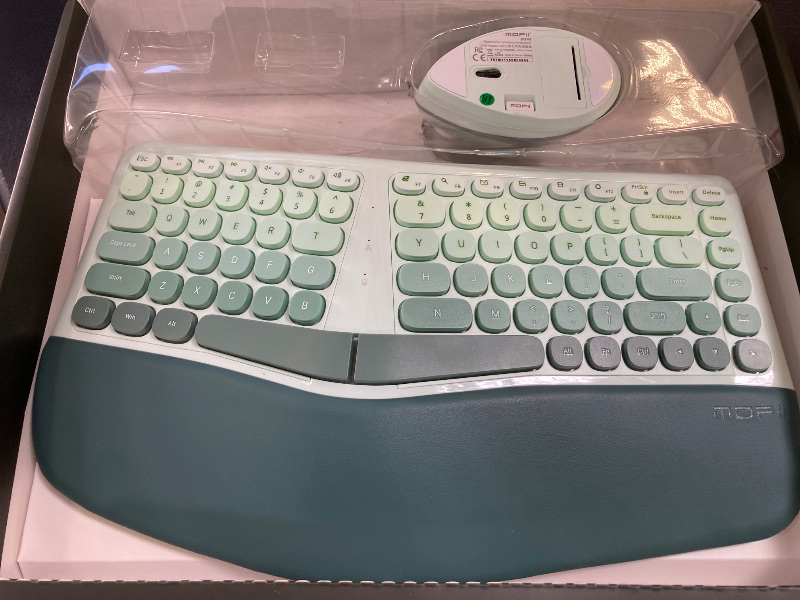 Photo 1 of TISHLED Ergonomic Wireless Keyboard and Mouse Combo with Wrist Rest, Curved Split Keys Silent 84-Key Membrane Keyboard 6-Key Vertical Mouse Set for Win/Mac/PC/Laptop, AAA Batteries, Mint Green