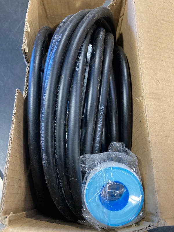 Photo 1 of ZOFINE Sewer Jetter Kit for Pressure Washer 100FT, 5800PSI Drain Cleaner Hose 1/4 Inch NPT Corner, Rotating and Button Hose Sewer Jetting Nozzle Pearl Corsage Pin Waterproof Tape with 2 Spanner