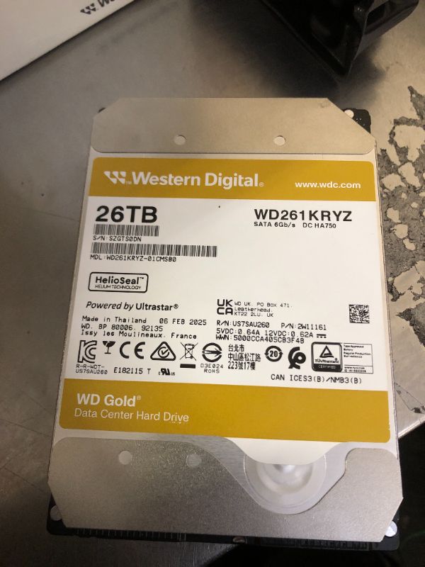 Photo 1 of Western Digital 26TB WD Gold Enterprise Class SATA Internal Hard Drive HDD - 7200 RPM, SATA 6 Gb/s, 512 MB Cache, 3.5" - WD261KRYZ