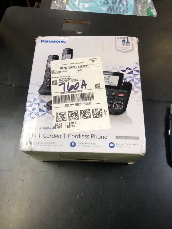 Photo 1 of Panasonic Corded Phone/Cordless Phone with Answering Machine, Advanced Call Block and 2-Way Recording, 2 Handsets Expandable up to 6 Cordless Handsets - KX-TGF852B (Black)