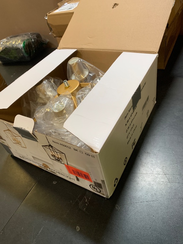 Photo 1 of Industrial 4 Lights Chandelier, Gold Lantern Ceiling Light Fixtures with Rustic Metal Cage Adjustable Height Farmhouse Geometric Hanging Light for Kitchen Island, Dining Room, Entryway, UL Listed