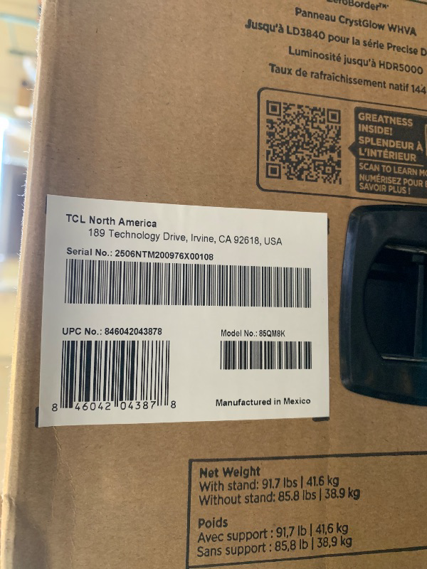 Photo 1 of TCL 85 Inch Class QM8K Series | Mini LED QLED 4K HDR | 85QM8K, 2025 Model | 120HZ-144HZ Anti Reflective Wide Angle Screen Smart Google TV Dolby Atmos | Voice Remote Alexa Gaming Streaming Television