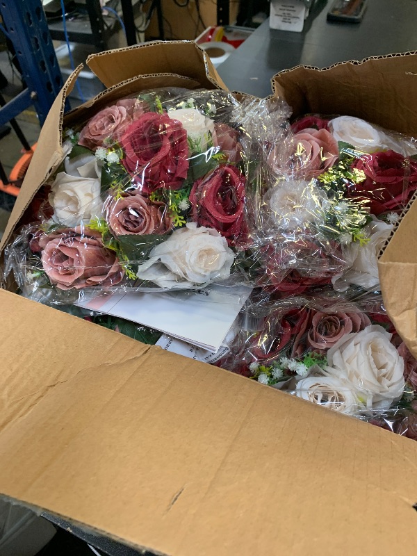 Photo 1 of Nuptio Artificial Flower Centrepieces for Tables - 6 Pcs Burgundy & Dusty Rose & Creamy White Fake Flowers Roses Balls 9.5in Diam - Silk Faux Rose Arrangement for Wedding Party Centerpiece Table Decor