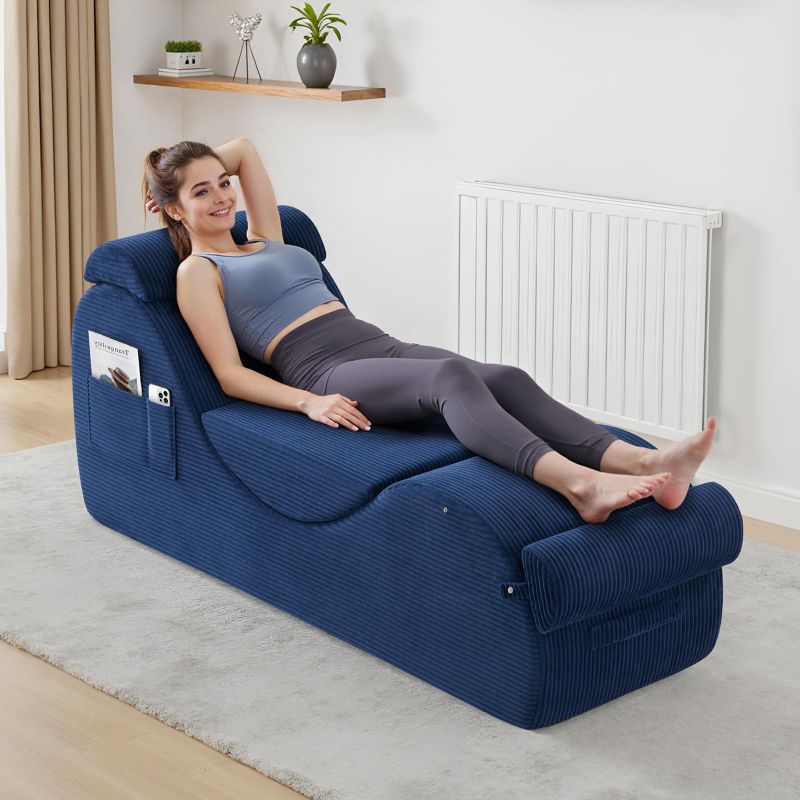Photo 1 of Yoga Chairs for Adults, Ergonomic Chaise Lounge Chair Indoor with Side Pocket, Lumbar Pillow, Ottoman, Yoga Chair Perfect for Stretching, Relaxation, Exercise, Used in Bedroom, Living Room?Blue?