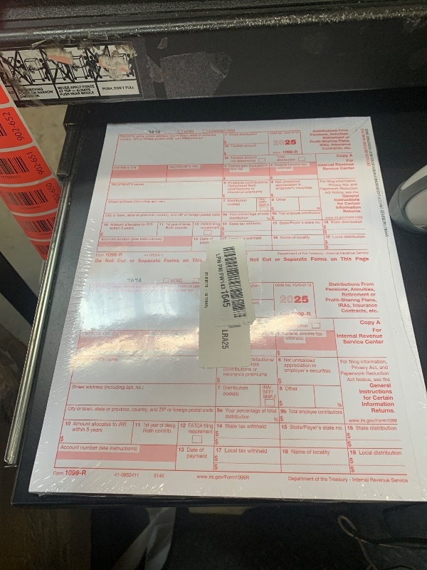 Photo 1 of 1099-R Copy A Tax Forms 2025 (distributions) Laser Tax Forms, Red Ink Laser Forms for IRS Filing, Copy A ONLY Federal Copy A 2025, Pack of 25 Forms - 13 Sheets