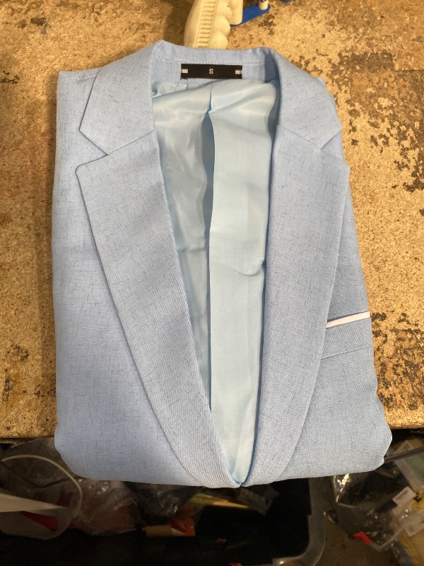 Photo 1 of (MEN SMALL TALL* Men's 3 Piece Linen Suits Set Regular Fit Casual Lightweight Blazer Jacket Vest and Pants Light Blue S