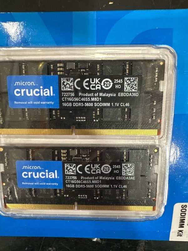 Photo 1 of *** FACTORY SEALED *** Crucial 32GB DDR5 RAM Kit (2x16GB), 5600MHz (or 5200MHz or 4800MHz) Laptop Memory 262-Pin SODIMM, Compatible with Intel Core and AMD Ryzen 7000, Black - CT2K16G56C46S5