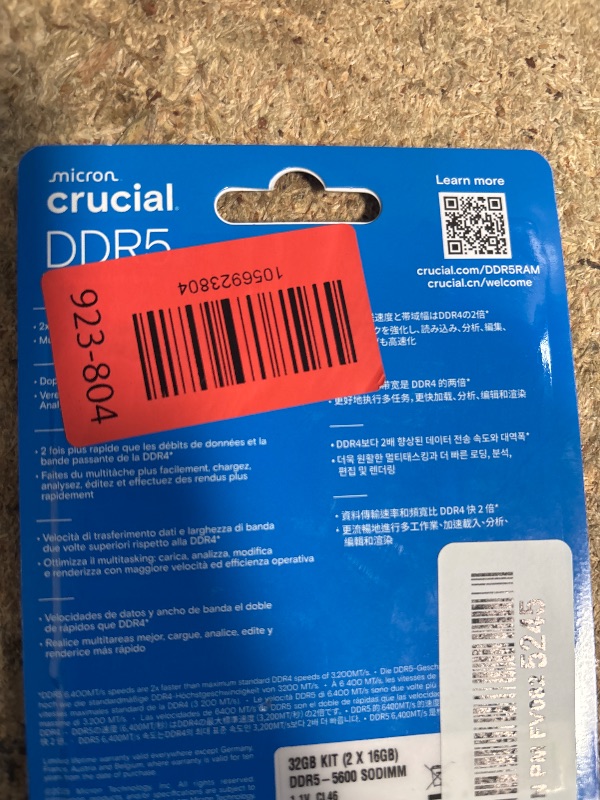 Photo 1 of *** FACTORY SEALED *** Crucial 32GB DDR5 RAM Kit (2x16GB), 5600MHz (or 5200MHz or 4800MHz) Laptop Memory 262-Pin SODIMM, Compatible with Intel Core and AMD Ryzen 7000, Black - CT2K16G56C46S5