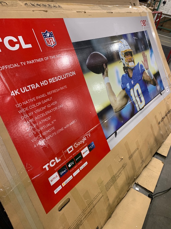 Photo 1 of (tested)(does not power on)(sold for parts) TCL 98-Inch Class S5 4K LED Smart TV with Google TV (98S550G, 2023-Model), Dolby Vision, HDR Ultra, Dolby Atmos, Google Assistant Built-In with Voice Remote, Works with Alexa, Streaming UHD Television