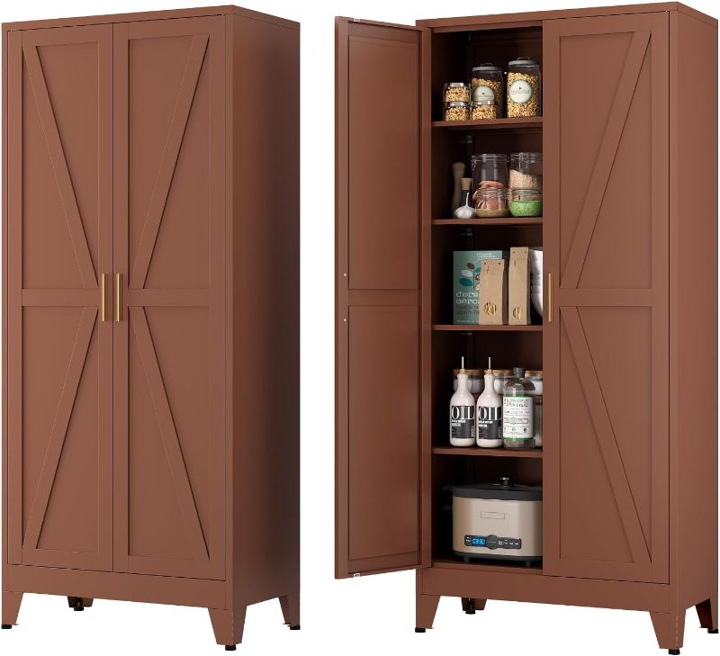 Photo 1 of (2 boxes)YNIQUESTLE Farmhouse Pantry Cabinet with Barn Doors, 71" H x 31.5" W, 5-Tier Metal Storage Cabinet with 4 Adjustable Shelves for Kitchen Garage Dining Room,Brown 1 Pack