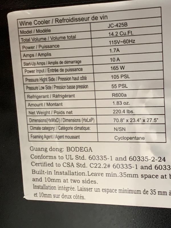 Photo 1 of (used)(UNFUNCTIONAL) ) BODEGA 24 Inch Wine Cooler, 154 Bottle Refrigerator, Freestanding Wine Fridge with Intelligent Temperature Memory & Humidity Control, Upgraded Compressor, Quiet Operation