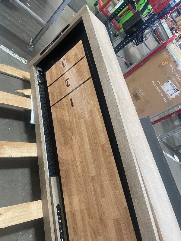 Photo 1 of (used)(damaged)(see images) American Legend LED Shuffleboard with Buffet Top - Modern Style - Light Up LED Rails - Buffet Top with 2-Piece Leaf Design