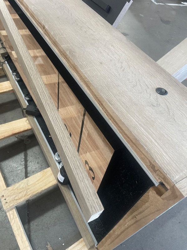 Photo 1 of (used)(damaged)(see images) American Legend LED Shuffleboard with Buffet Top - Modern Style - Light Up LED Rails - Buffet Top with 2-Piece Leaf Design