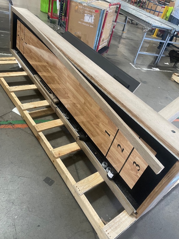 Photo 1 of (used)(damaged)(see images) American Legend LED Shuffleboard with Buffet Top - Modern Style - Light Up LED Rails - Buffet Top with 2-Piece Leaf Design