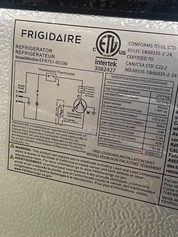 Photo 1 of (missing handles) Frigidaire, 2 Door Apartment Size Refrigerator/Freezer Combo, 7.5 cu ft, Platinum Series, Stainless, 23" D x 21.5" W x 55.5" H