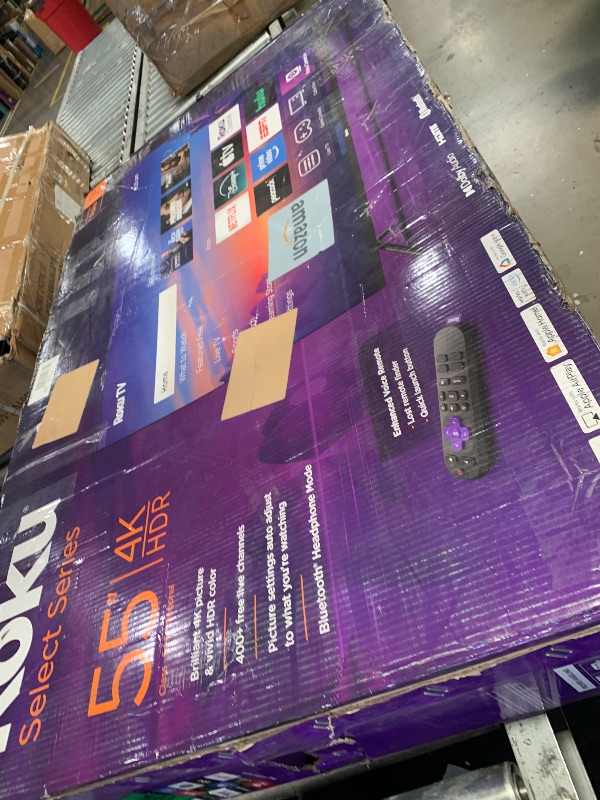 Photo 1 of **DAMAGE TO THE SCREEN***  Roku Smart TV – 55-Inch Select Series, 4K HDR TV – Roku TV with Enhanced Voice Remote – Flat Screen LED Television with Wi-Fi for Streaming Live Local News, Sports, Family Entertainment