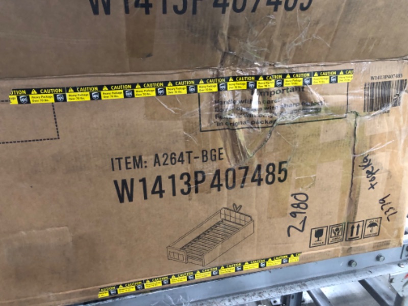 Photo 1 of (partial set, missing boxes(parts)-KEIKI Twin Size Upholstered Platform Bed Frame with Cute Rabbit Ear Shaped Headboard and Pocket, for Boys and Girls, Platform Bed with Guardrail and Slats, No Box Spring Required, Easy Assembly, Beige