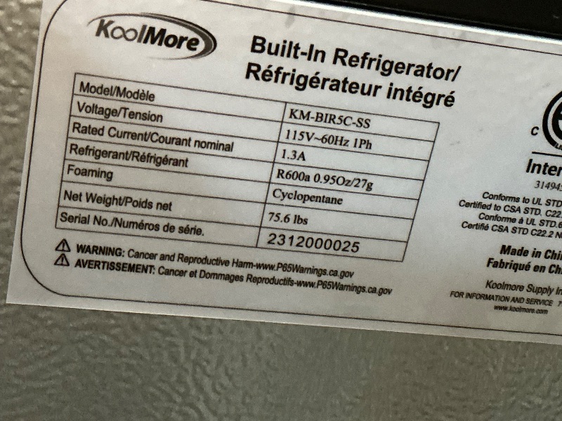 Photo 1 of **PARTS ONLY** KoolMore KM-BIRSC-SS refrigerator