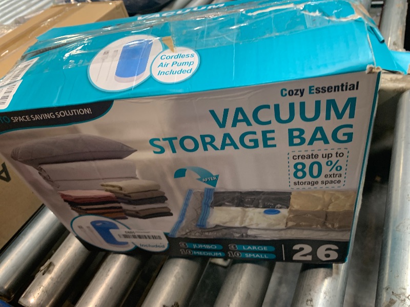 Photo 1 of ** SOLD AS IS, NO REFUND/RETURN** SEE COMMENTS!
Cozy Essential Travel Vacuum Storage Bags with Rechargeable Cordless USB Pump, Space Saver Bags for Luggage, Suitcase, Carry-On, for Clothes, Blankets, Bedding & Seasonal Storage,26 Combo