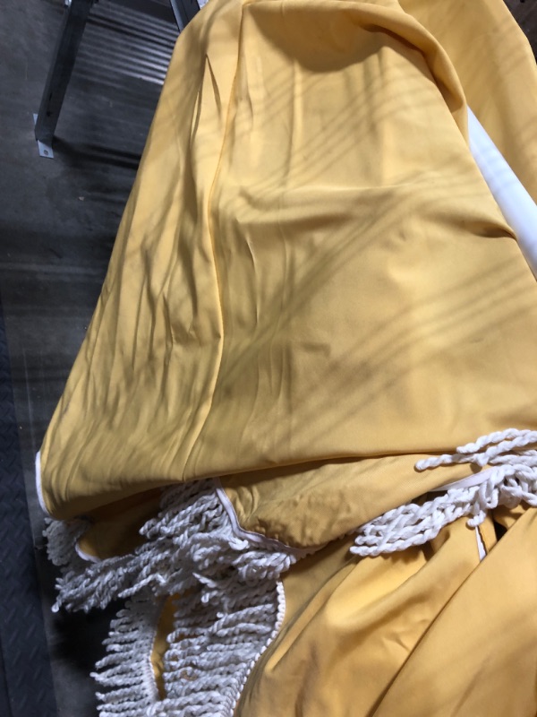 Photo 1 of !!!!HAS BEEN USED!!IS DIRTY!!!SALL DAMAGES!!! FINAL SALE!!!!JONATHAN Y UMB1001S Collins 9 ft. Classic Cottage Fringe Tassel Market Patio Umbrella with Auto-Tilt Crank, Wind Vent and UV Protection in Mustard Yellow/Cream, White Pole!! FINAL SALE!!!