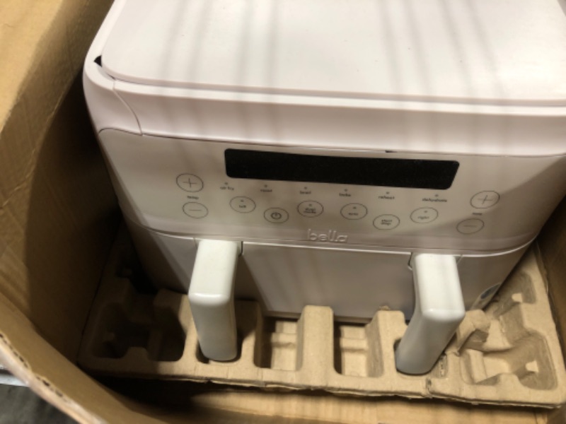 View 3 of !!!HAS A CRAK IN IT!!FINAL SALE!!!! bella 4 Qt TriZone Air Fryer, EverGood™ Ceramic Nonstick Coating, Dual Basket Design w Removable Divider, Digital Touchscreen Control w 6 Preset Cooking Options, 1200 Watt, 3lb Capacity, Oatmilk