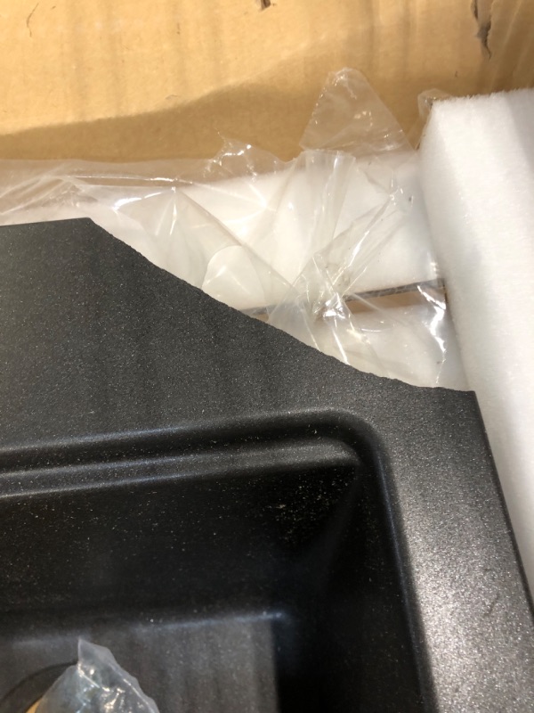 Photo 1 of ****BROKEN EDGES***
KRAUS Quarza 33-inch Drop-In/Undermount 50/50 Double Bowl Granite Kitchen Sink in Black Onyx, KGD-433B