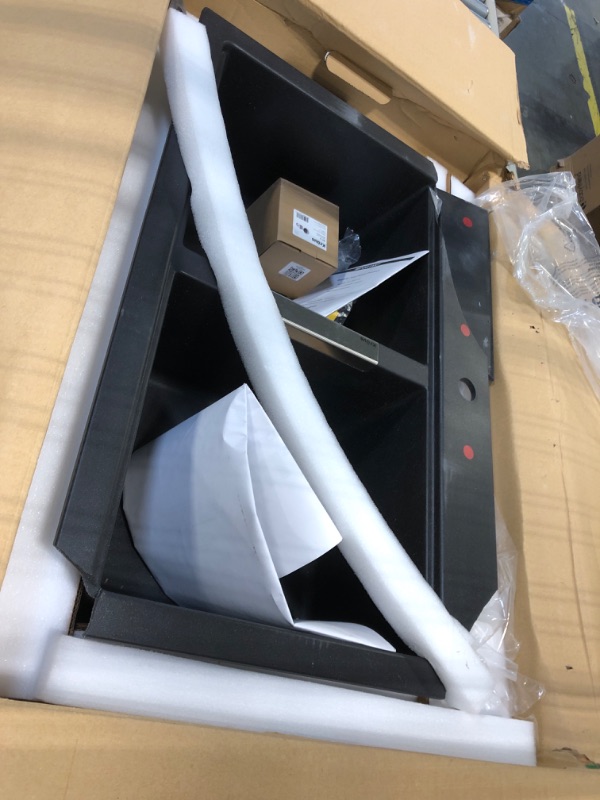 Photo 1 of ****BROKEN EDGES***
KRAUS Quarza 33-inch Drop-In/Undermount 50/50 Double Bowl Granite Kitchen Sink in Black Onyx, KGD-433B