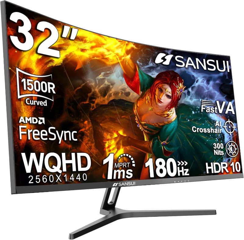 Photo 1 of ** sold as is no refund/return**SANSUI 32-Inch Curved Gaming Monitor WQHD 2560 x 1440 180Hz Curved