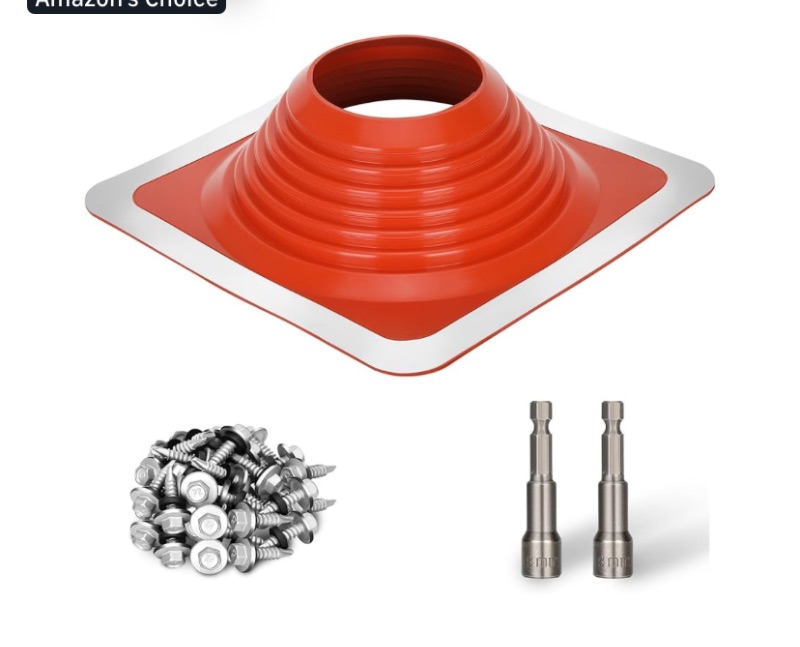 Photo 1 of #8 Metal Roof Pipe Flashing Boot, Metal Roofing Pipe Flashing Boot Fits Pipe OD 7" to 13" Wide, Includes Flexible High Temp Silicone Chimney Boot, Hex Socket x2, Roofing Screw x50, Square Base, Red