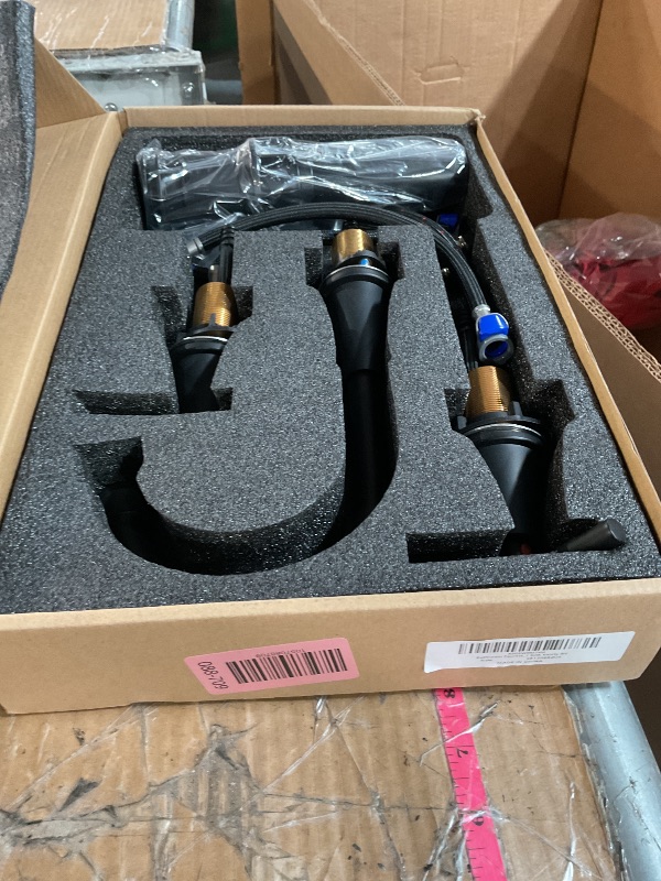 Photo 1 of (USED/FAIR) Bathroom Faucets for Sink 3 Hole, Hurran Matte Black Bathroom Sink Faucet with Pop-up Drain and Supply Lines, Stainless Steel Lead-Free Widespread Faucet for Vanity RV Farmhouse Sink