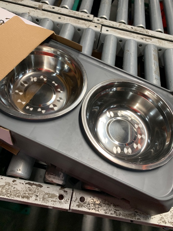 Photo 1 of (used) Elevated Raised Dog Bowl Stand with 2 Stainless Steel Bowls, Adjustable Height for Medium Large Dogs, 12.36" - 3.7" Foldable Feeder, Grey