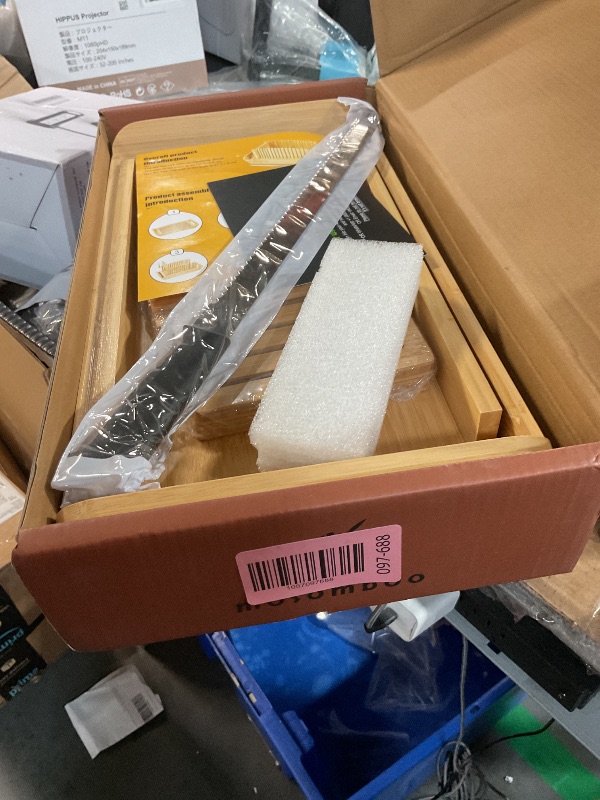 Photo 1 of (DAMAGED) (PARTIAL SET) Mosomboo Bamboo Bread Slicer for Homemade Bread with Serrated Knife & Crumb Tray - Foldable Compact Bread Cutting Guide, Adjustable Bread Slicer, Bread Cutter Slicer for Homemade Bread, Cakes, Bagels