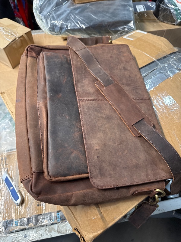 Photo 1 of (bagged) (used/fair) Oak Leathers Leather Messenger Bag for Men and Women - Laptop Briefcase Bag For College, Office, Adjustable Shoulder Strap (Wood)