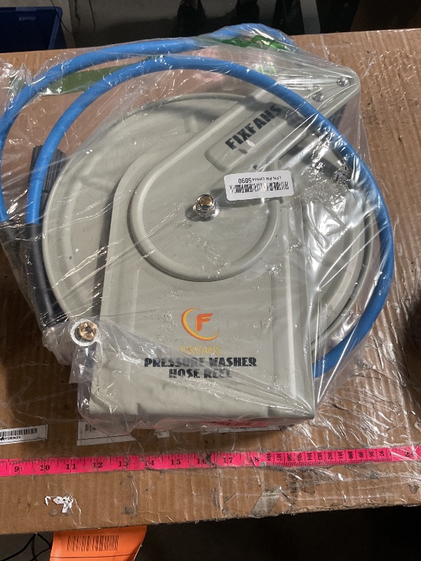 Photo 1 of (UNTESTED) FIXFANS Pressure Washer Hose Reel with Hose, 1/4" × 60ft Retractable Power Washer Hose Reel, Heavy Duty Hose Reel Auto Rewind, Wall Mounted, 3600 PSI