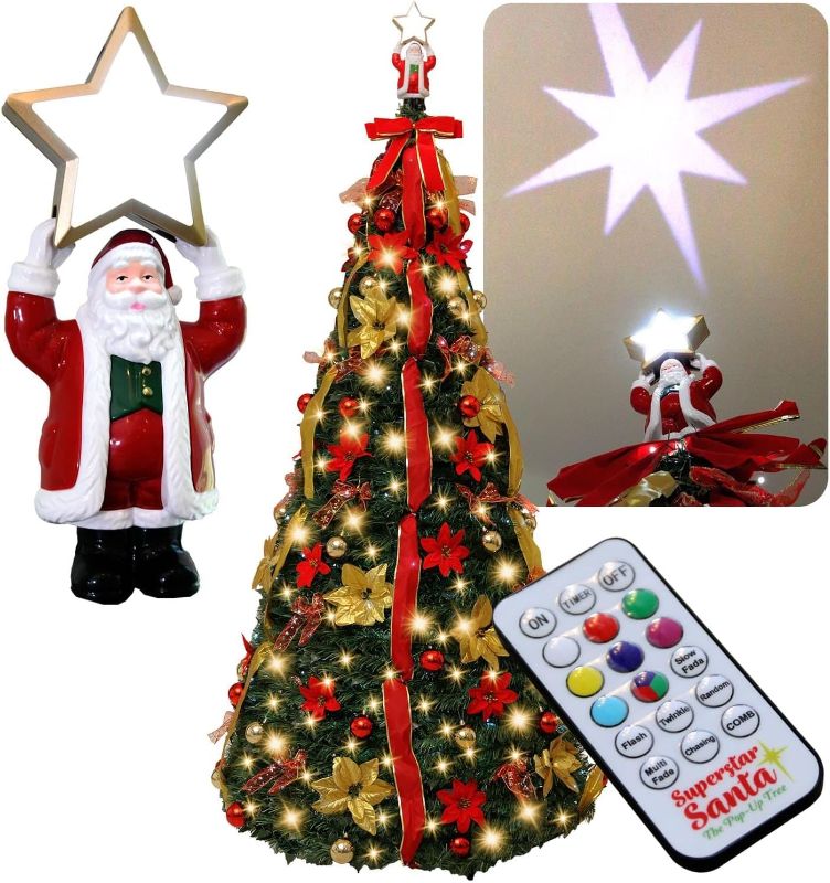 Photo 1 of **MISSING SOME PIECES** Superstar Santa Pop-Up Christmas Tree, 7FT, Pre-Lit w/ 200 LED Lights, AS SEEN ON TV, Santa Projects North Star, Opens Instantly, Fully Decorated, 7 Colors, 32 Modes w/Remote, Stores Flat