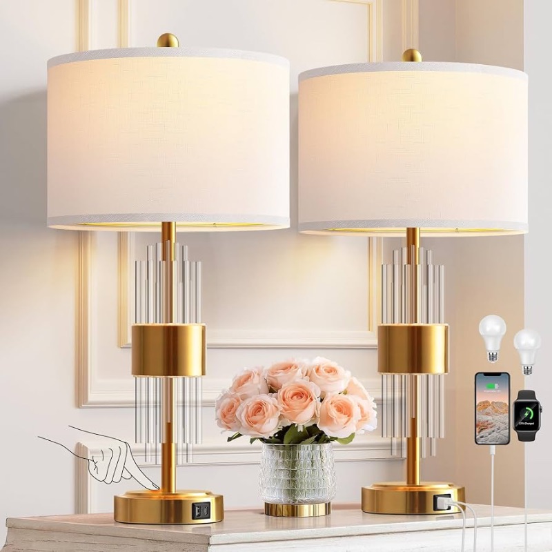 Photo 1 of *NO LAMP SHADES OR RINGS* QiMH 25.5" Table Lamp Set of 2 with USB A+C Ports, Gold Lamp for Living Room with Touch Control, Modern Bedside Nightstand Lamp White Lamp Shade Bedroom Home Office Decor (2700K LED Bulbs Included